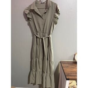 Sage Green Tiered Midi Dress with Belt Button Front Ruffle Sleeve Size XL